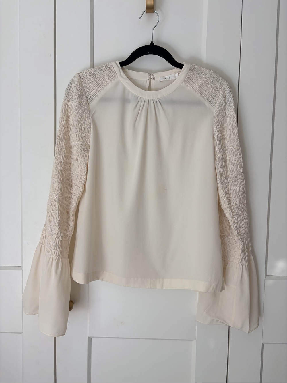 A.L.C. Cream Silk Long-Sleeve Smocked Sleeve Blouse | 4